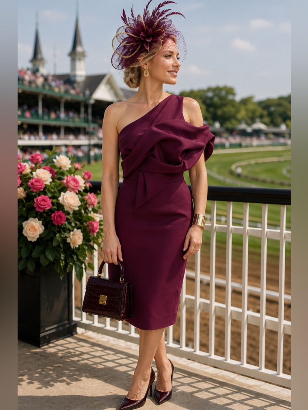 One-Shoulder Draped Midi Dress in Wine by